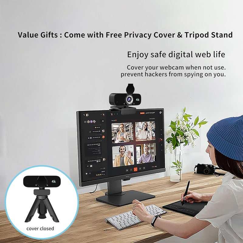 Lusinx 4K Webcam Camera for Computer, External Camera with Microphone, USB Plug&Play, Auto Low Light Correction, Privacy Cover, Tripod, Wide Angle for Meeting/Online Video/Zoom - Image 4